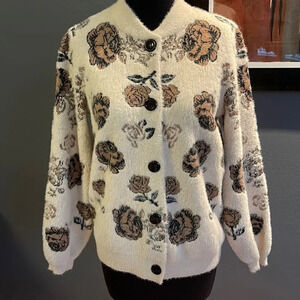 Cyrus off white brown/black floral super soft button front sweater cardigan. XS
